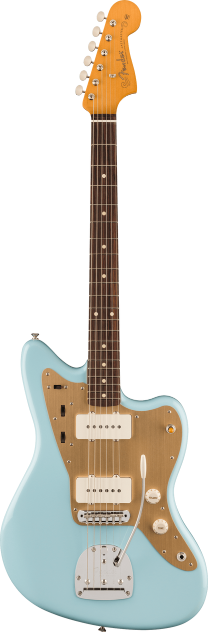 Full frontal of Fender Vintera II 50s Jazzmaster RW Sonic Blue.