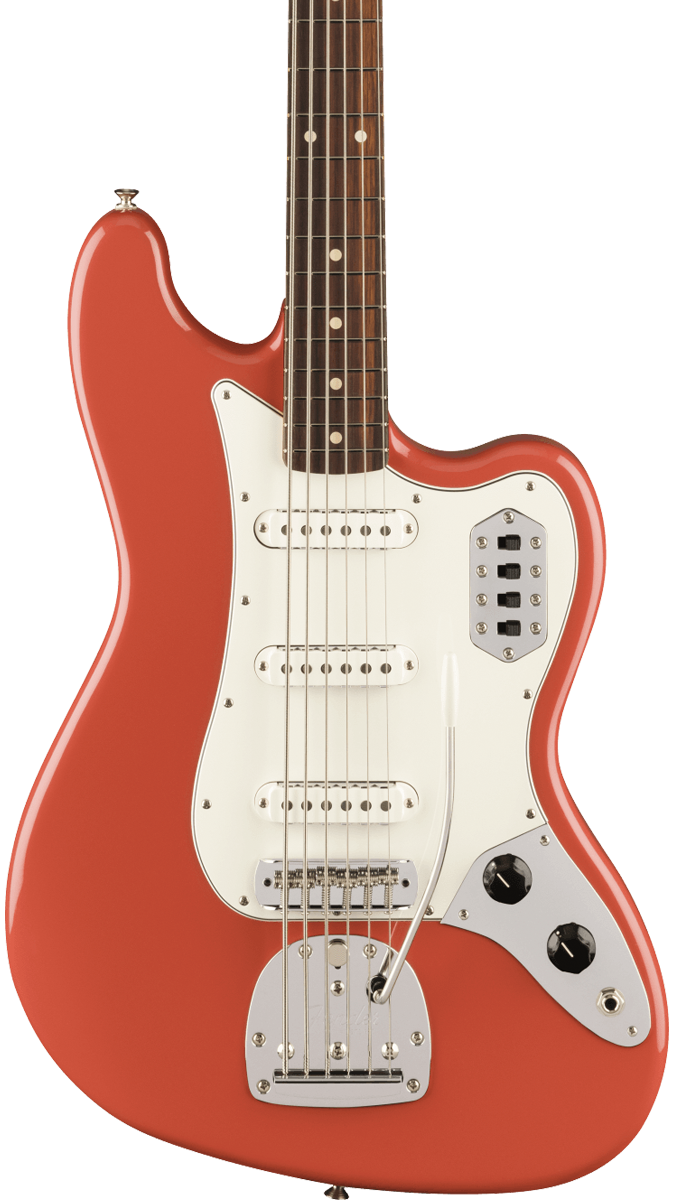 Front of Fender Vintera II 60s Bass VI RW Fiesta Red.