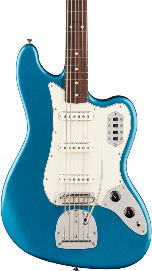 Front of Fender Vintera II 60s Bass VI RW Lake Placid Blue.