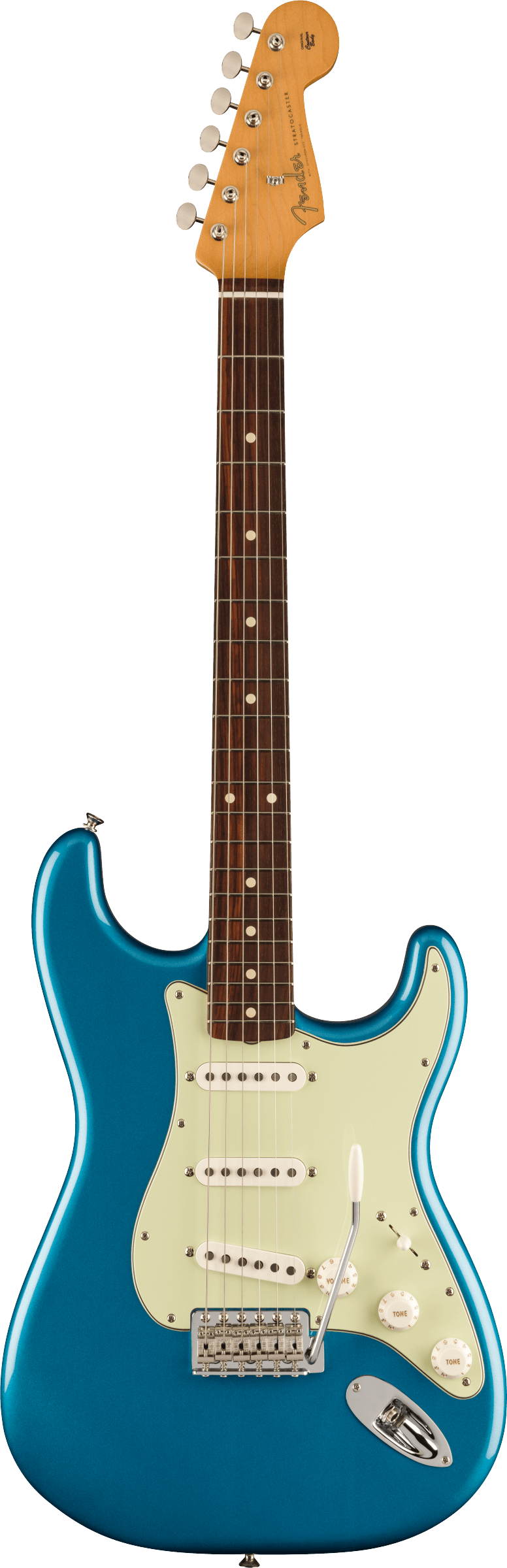 Full frontal of Fender Vintera II 60s Stratocaster RW Lake Placid Blue.