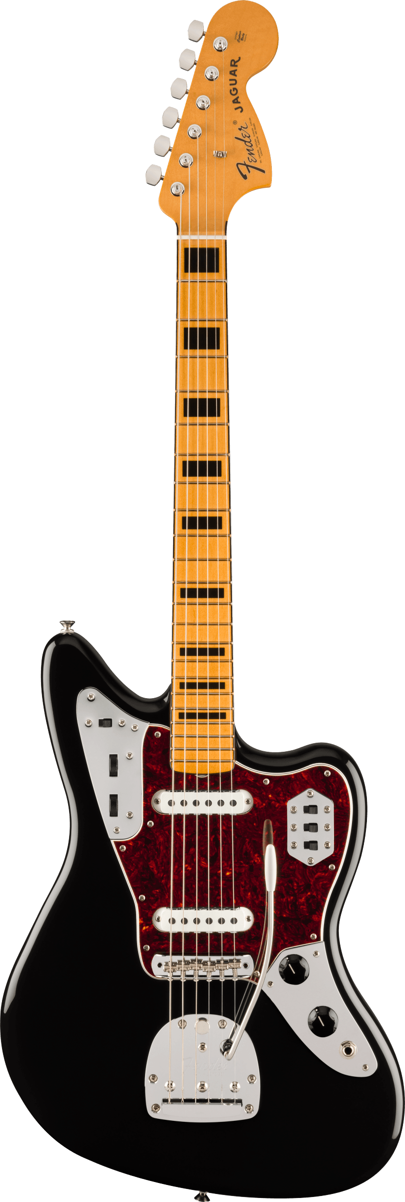 Full frontal of Fender Vintera II 70s Jaguar MP Black.