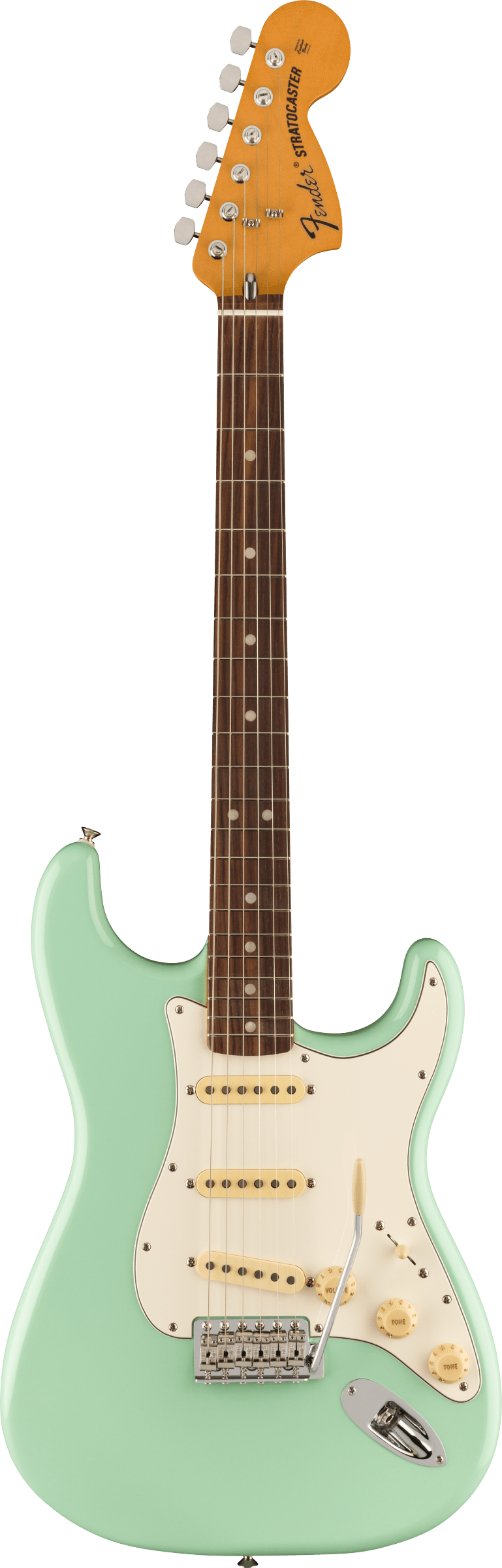 Full frontal of Fender Vintera II 70s Stratocaster RW Surf Green.