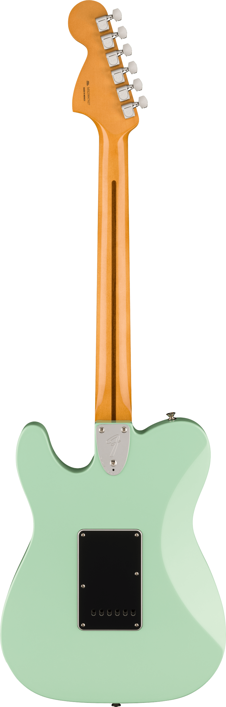 Back of Fender Vintera II 70s Telecaster Deluxe with Tremolo MP Surf Green.