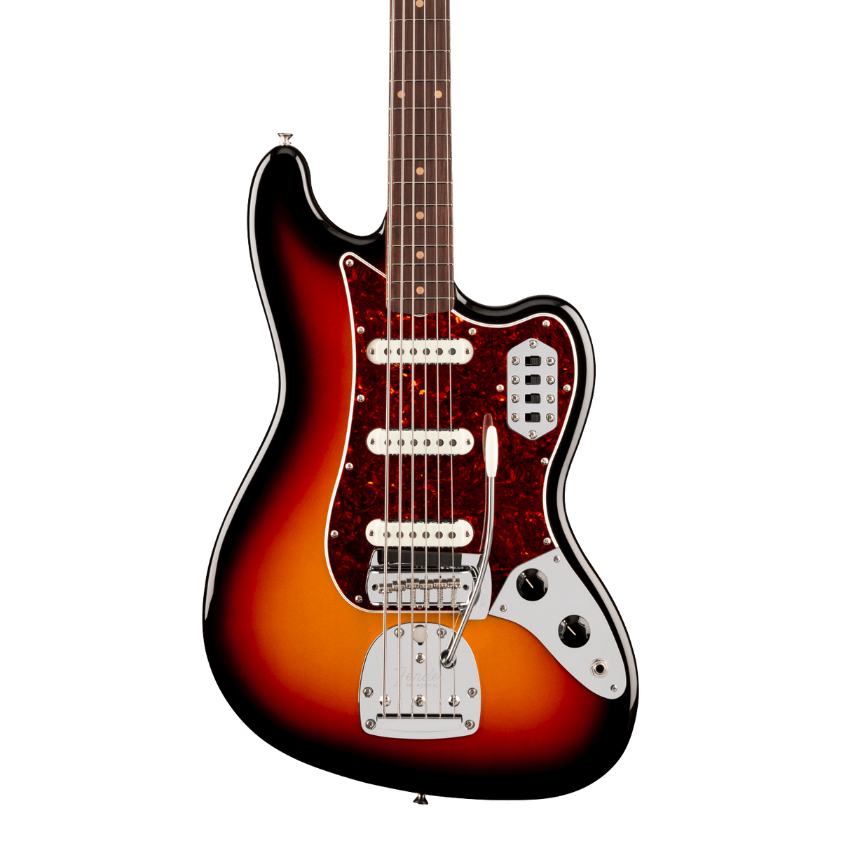 Front of Fender Vintera III Early '60s Bass VI Rosewood 3-Color Sunburst.