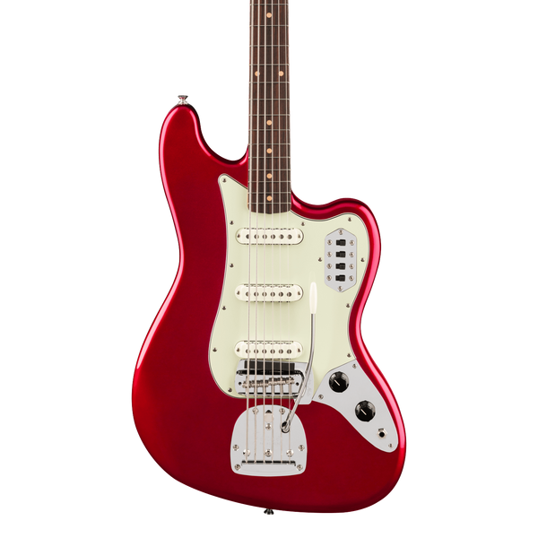 Front of Fender Vintera III Early '60s Bass VI Rosewood Candy Apple Red.