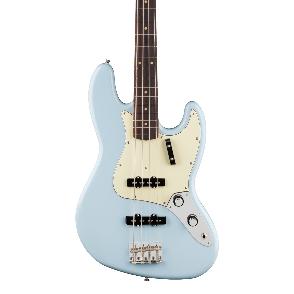 Front of Fender Vintera III Early '60s Jazz Bass Rosewood Sonic Blue.