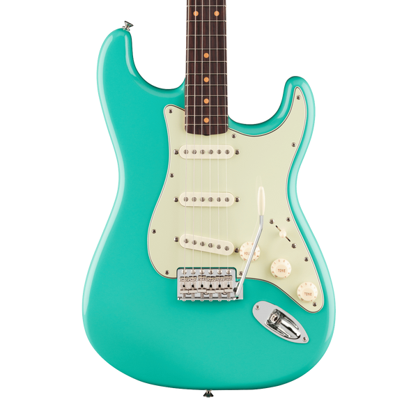 Front of Fender Vintera III Early '60s Stratocaster Rosewood Seafoam Green.