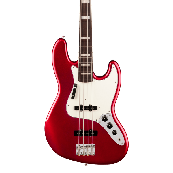 Front of Fender Vintera III Early '70s Jazz Bass Rosewood Candy Apple Red.