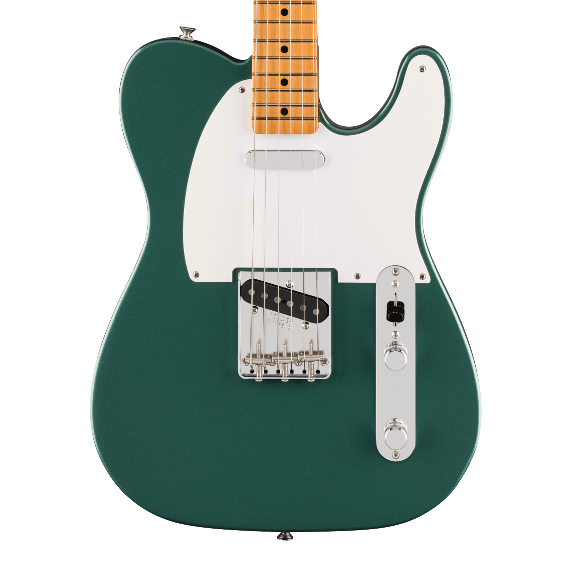 Front of Fender Vintera III Late '50s Telecaster Maple Sherwood Green Metallic.