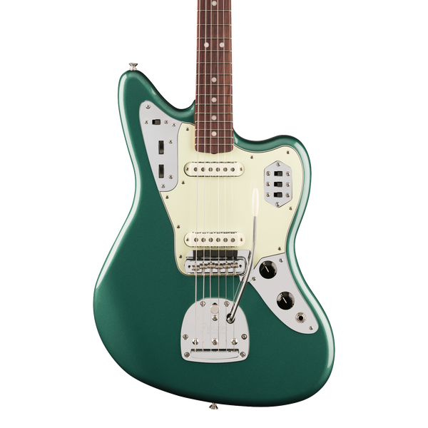 Front of Fender Vintera III Mid '60s Jaguar Rosewood Sherwood Green Metallic.               