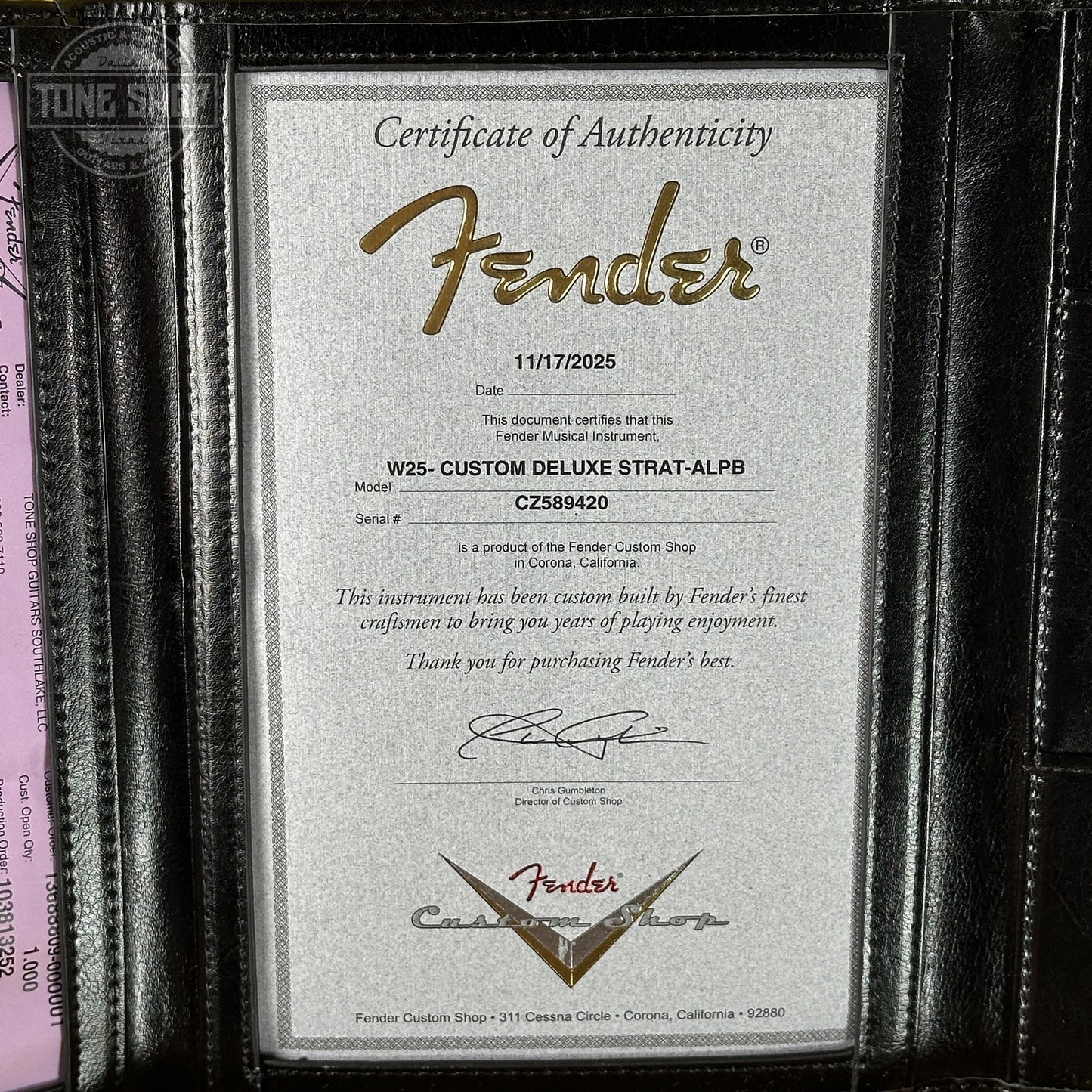 Certificate of Authenticity for Fender Custom Shop Custom Deluxe Stratocaster NOS Aged Lake Placid Blue CZ589420.