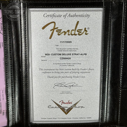 Certificate of Authenticity for Fender Custom Shop Custom Deluxe Stratocaster NOS Aged Lake Placid Blue CZ589420.