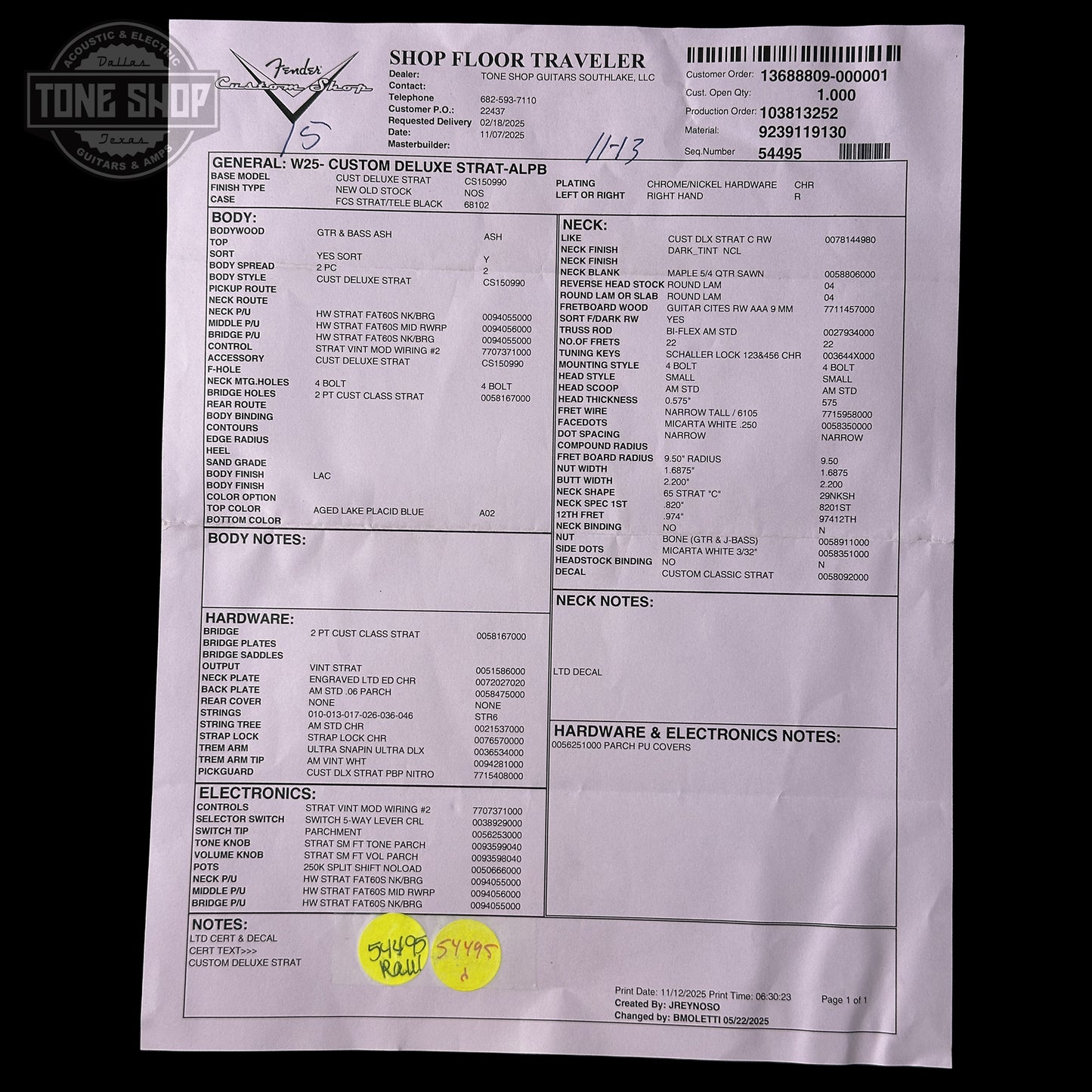 Spec sheet for Fender Custom Shop Custom Deluxe Stratocaster NOS Aged Lake Placid Blue CZ589420.