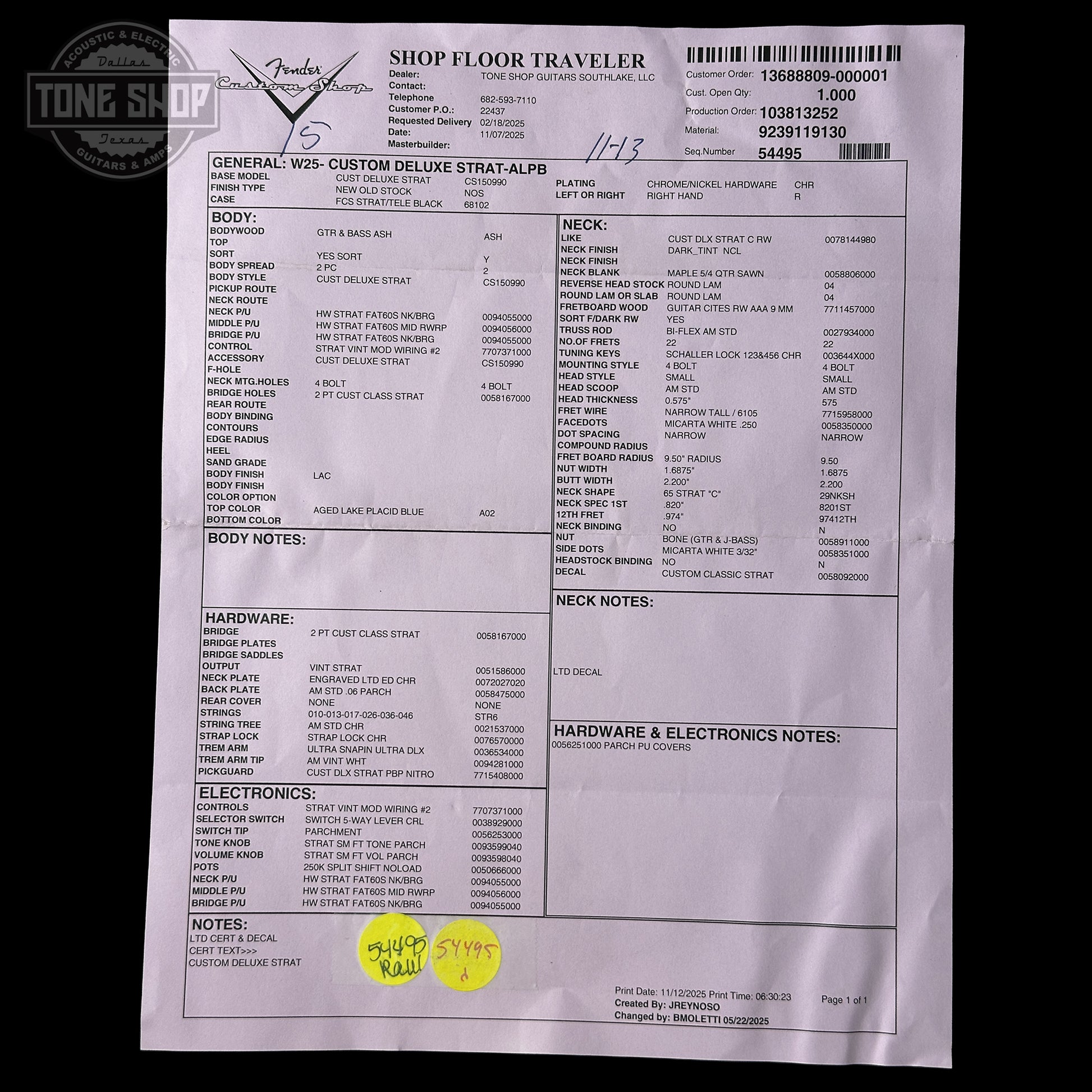 Spec sheet for Fender Custom Shop Custom Deluxe Stratocaster NOS Aged Lake Placid Blue CZ589420.