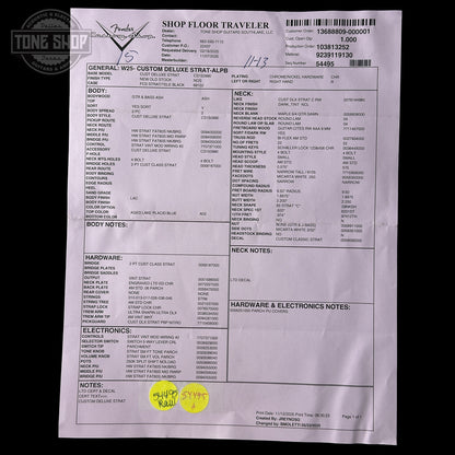 Spec sheet for Fender Custom Shop Custom Deluxe Stratocaster NOS Aged Lake Placid Blue CZ589420.