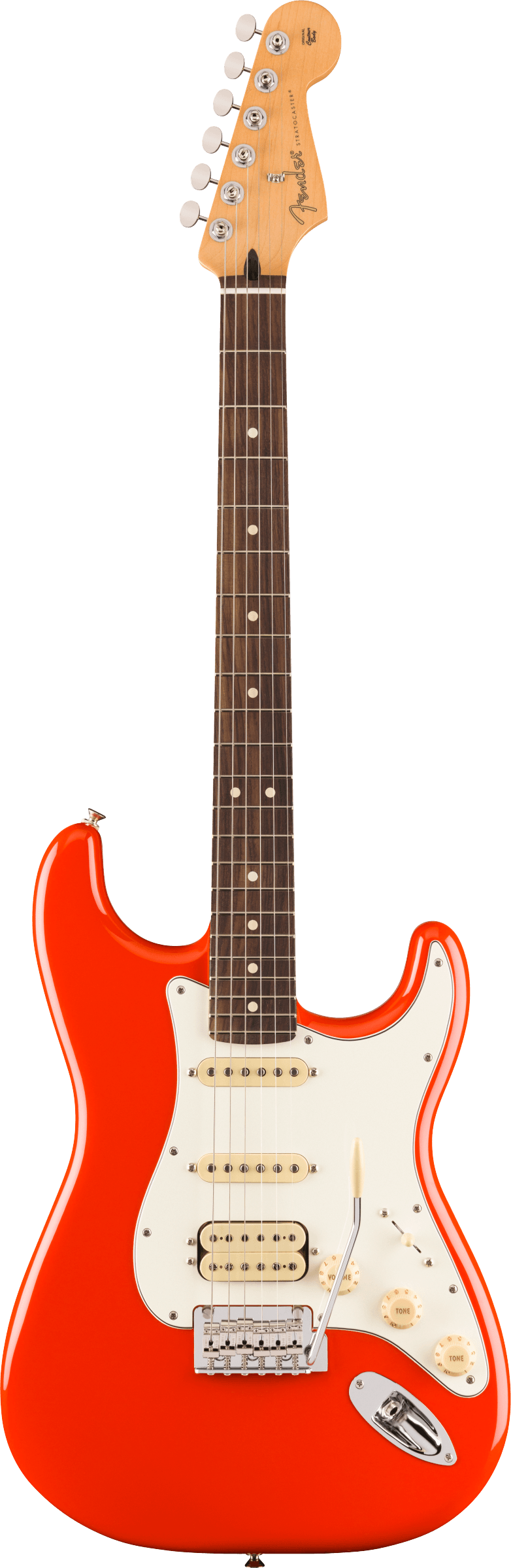Full frontal of Fender Player II Stratocaster HSS Rosewood Fingerboard Coral Red.