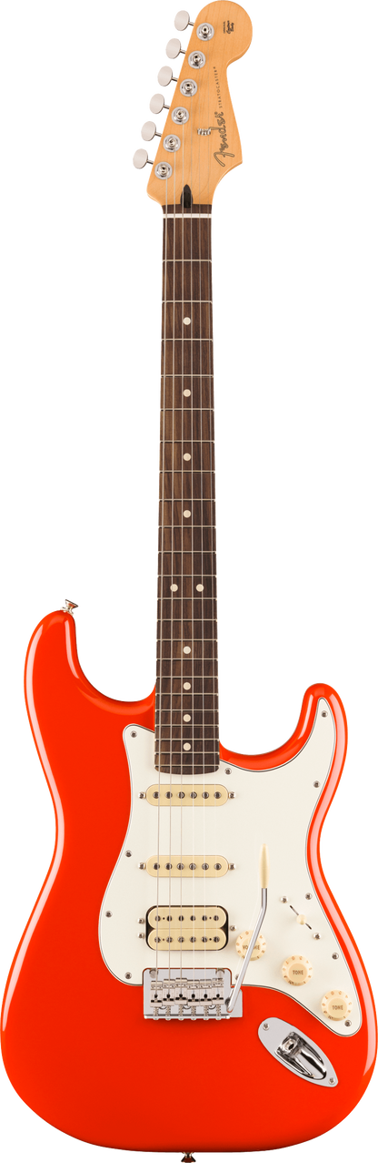 Full frontal of Fender Player II Stratocaster HSS Rosewood Fingerboard Coral Red.