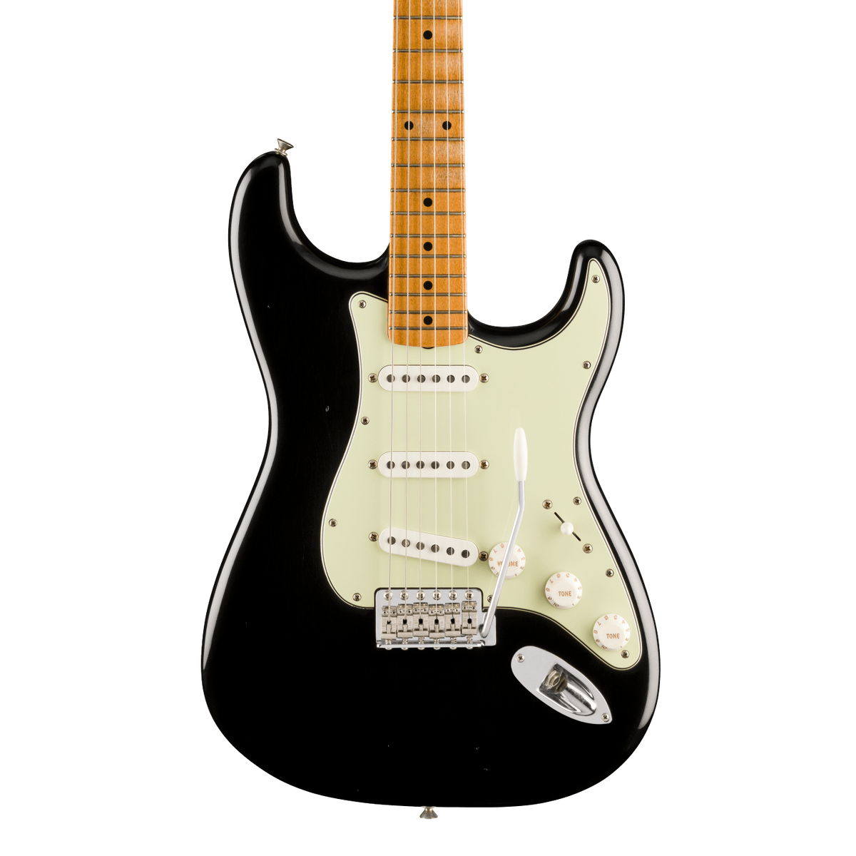 Front of Fender Vintera II Road Worn '60s Stratocaster Maple Black.