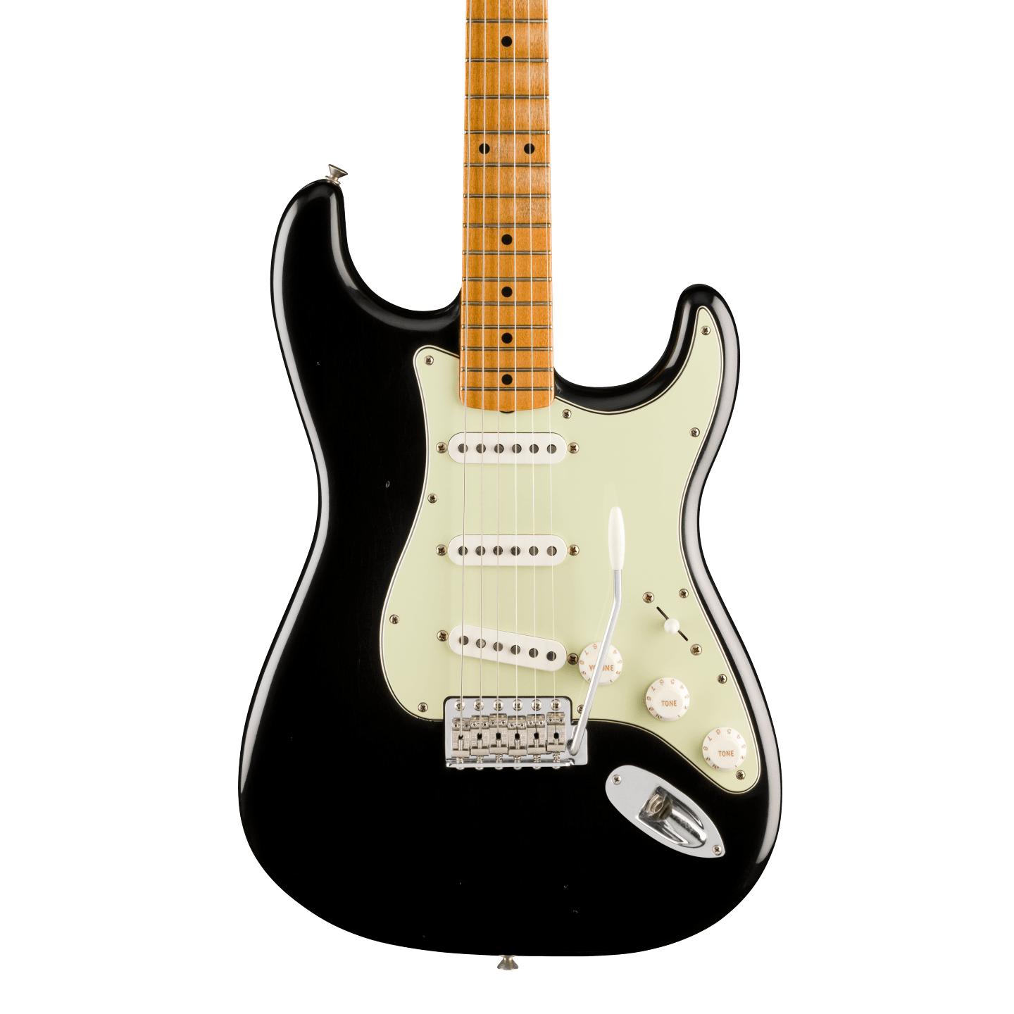 Front of Fender Vintera II Road Worn '60s Stratocaster Maple Black.