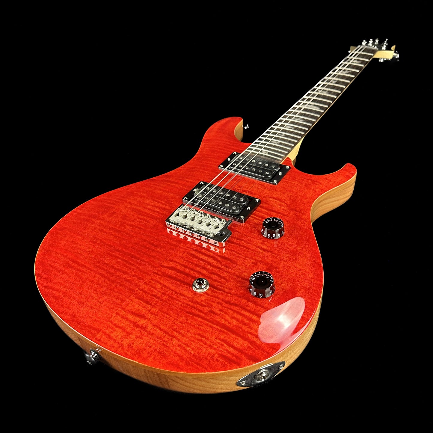 Front angle of PRS Paul Reed Smith SE CE24 Blood Orange.