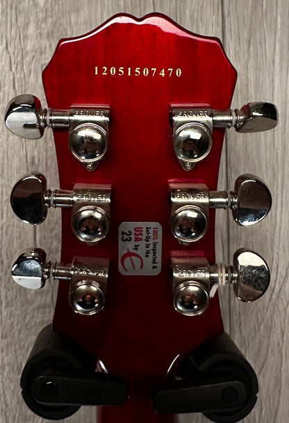 Back of headstock view of 2012 Epiphone Les Paul Standard Pro Cherry Red w/bag 
