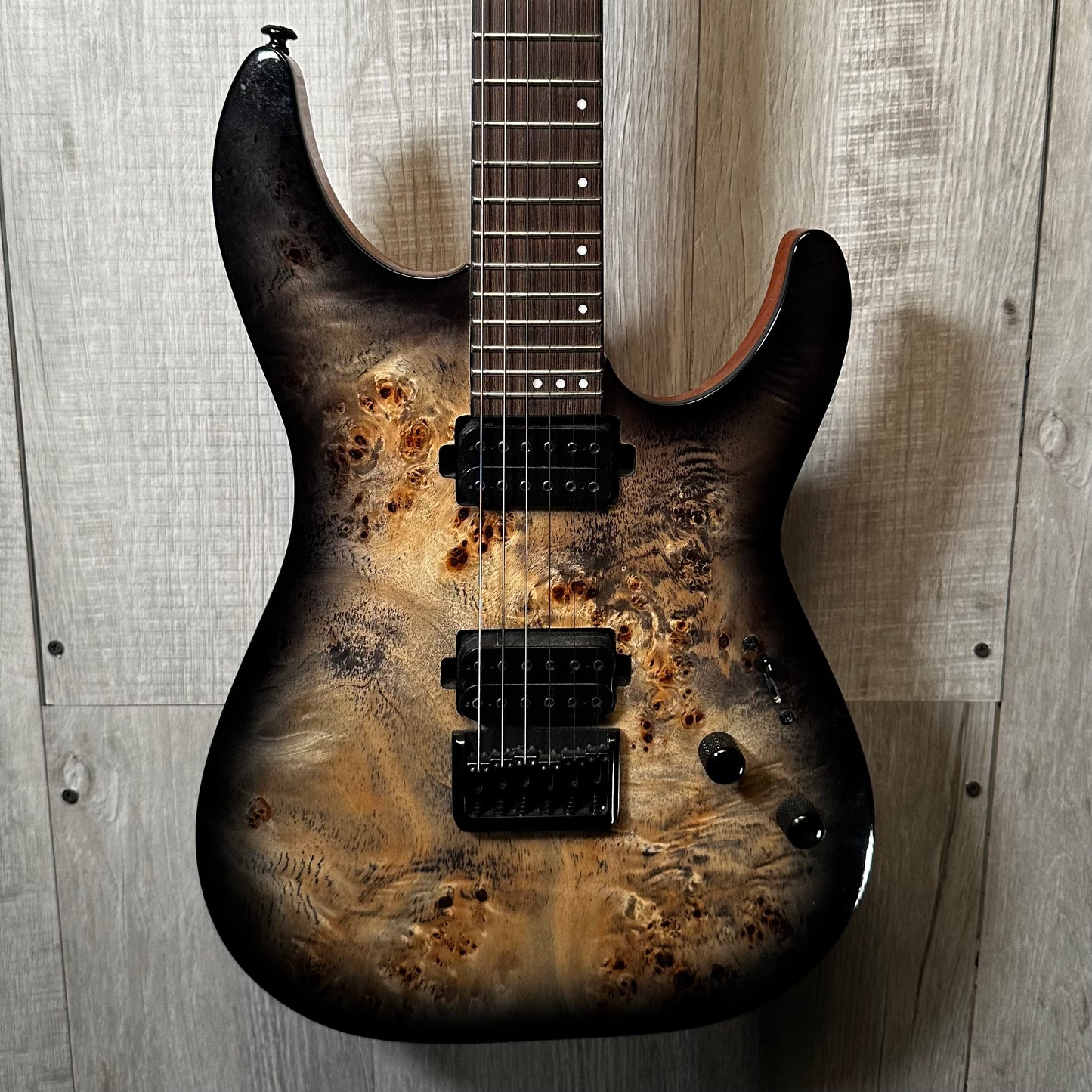Front view of Used Schecter Diamond Series CR-6 Charcoal Burst Burl Top Electric 
