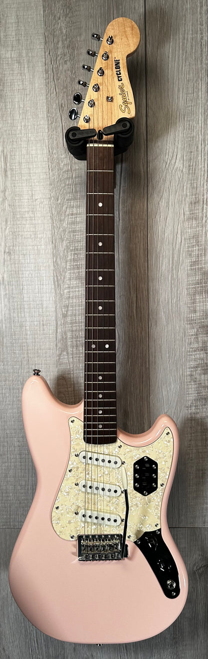 Front full view of Used Squier Paranormal Cyclone Shell Pink w/bag 