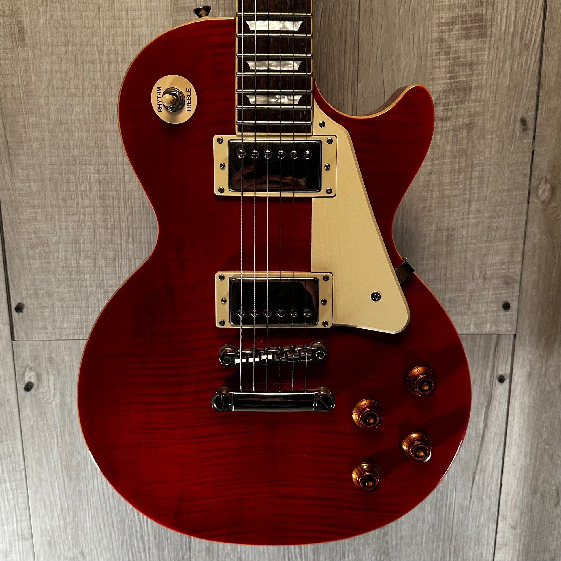 Front view of 2012 Epiphone Les Paul Standard Pro Cherry Red w/bag 