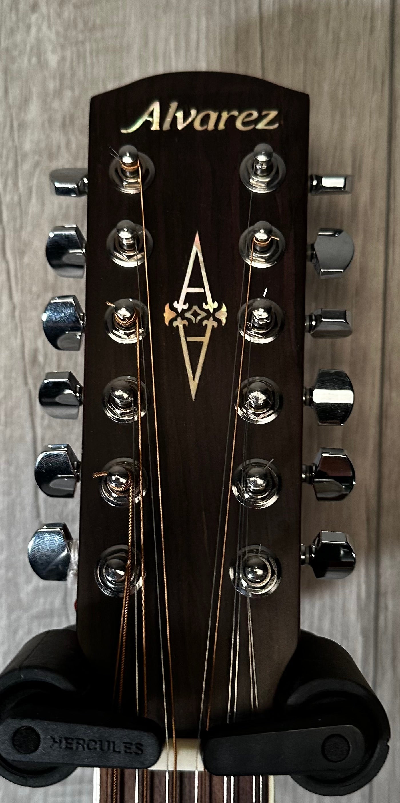 Headstock view of Used Alvarez AD60-12 12 String Acoustic Natural w/case 