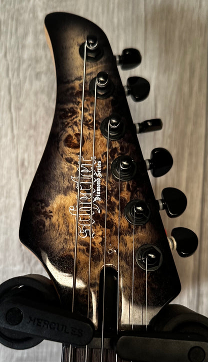 Headstock view of Used Schecter Diamond Series CR-6 Charcoal Burst Burl Top Electric 