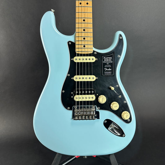Front of body of Used Fender FSR Player Strat HSS Sonic Blue.