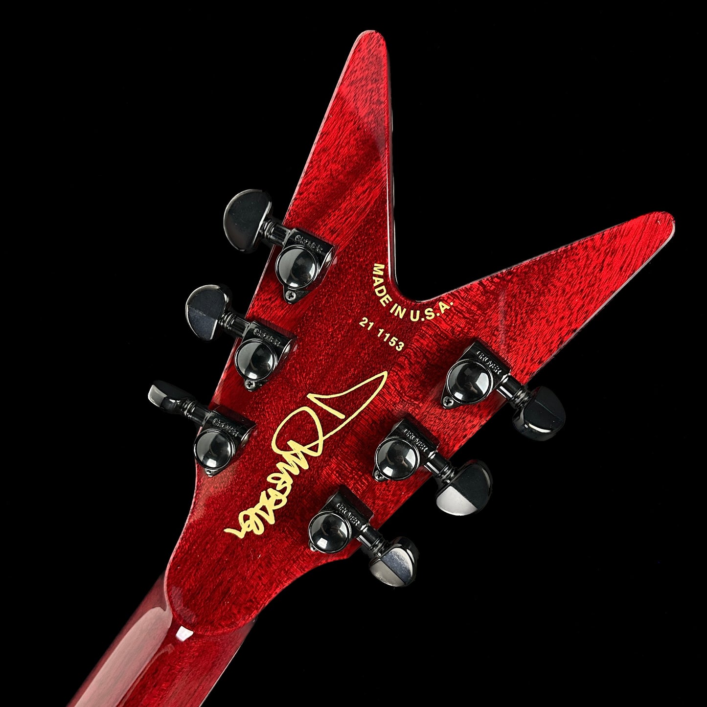 Back of headstock of Dean USA Dime Rebel Flame Top Trans Red.