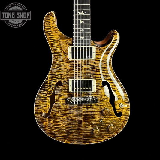Front of body of PRS Paul Reed Smith Hollowbody II Piezo 10-Top Flame Maple Yellow Tiger.