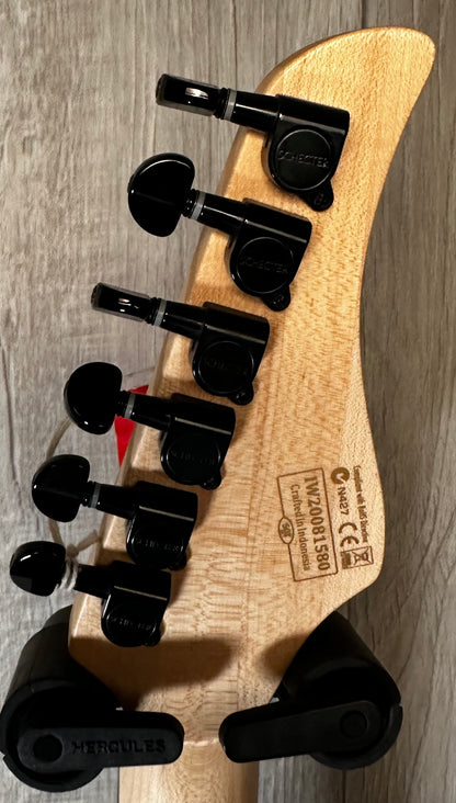 Back of headstock view of Used Schecter Diamond Series CR-6 Charcoal Burst Burl Top Electric 