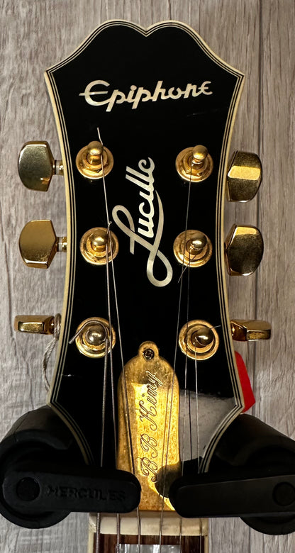 Headstock view of Used Epiphone BB King Lucille Black w/case