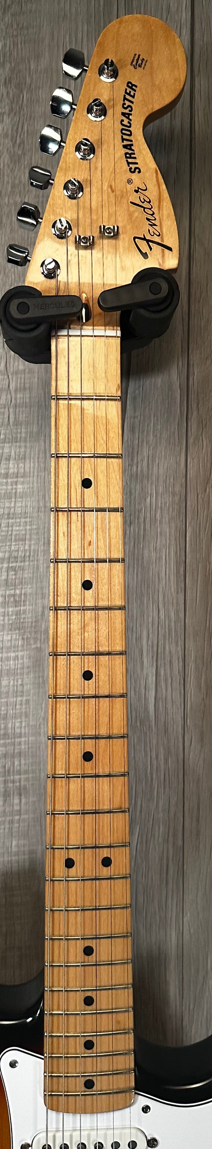 Neck view of Used 2014 Fender 70s Stratocaster MN 3 Color Sunburst 