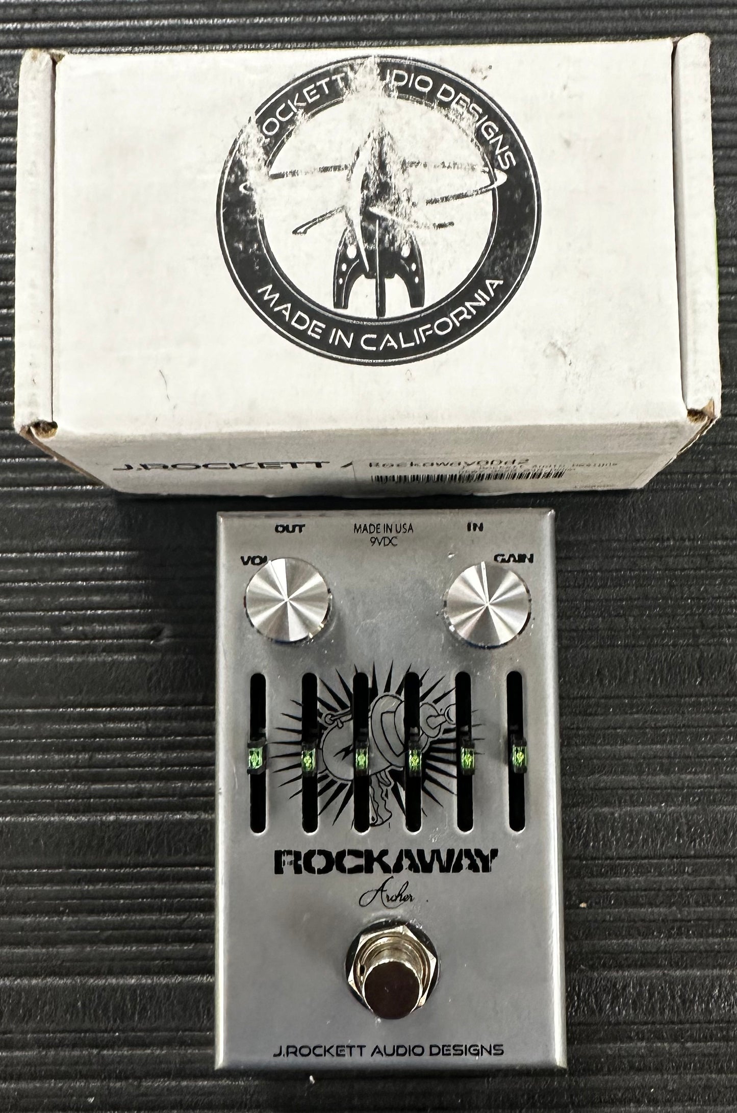 Top view with box of Used J Rockett Rockaway Archer Overdrive Pedal w/Box 