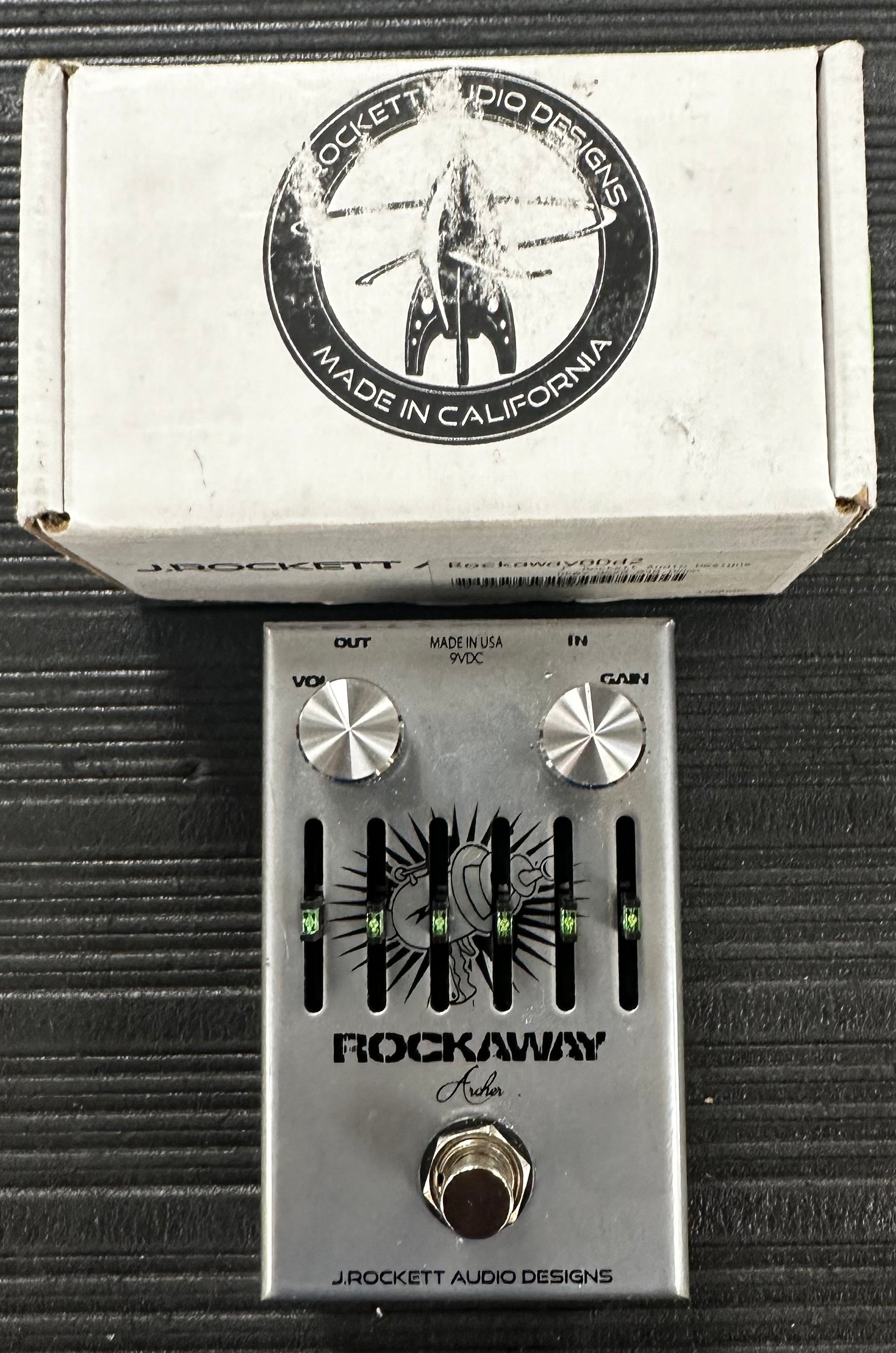 Top view with box of Used J Rockett Rockaway Archer Overdrive Pedal w/Box 