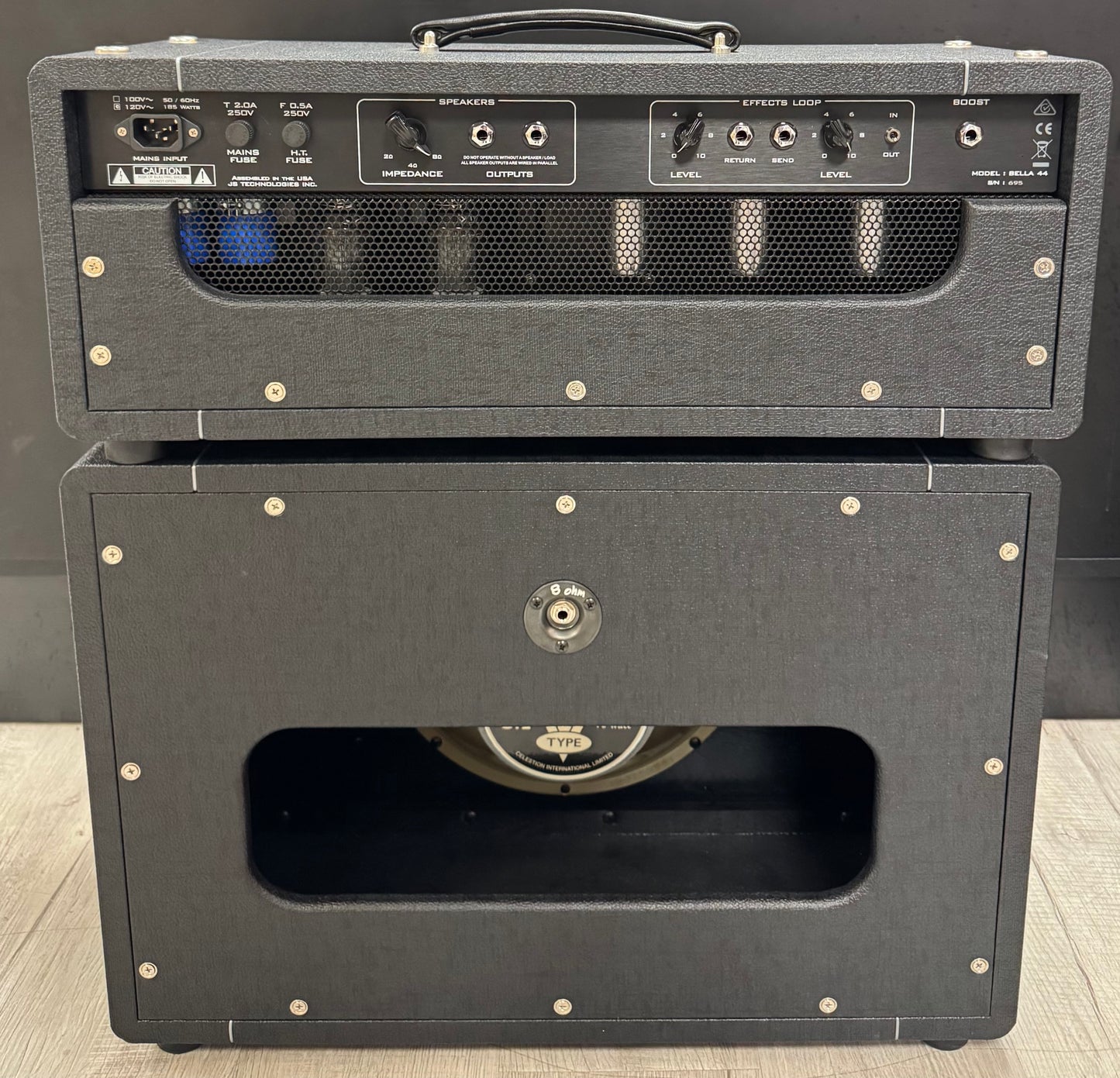 Back of Used Suhr Bella 44 Watt Guitar Head and Matching 1x12 Cab TSS6461