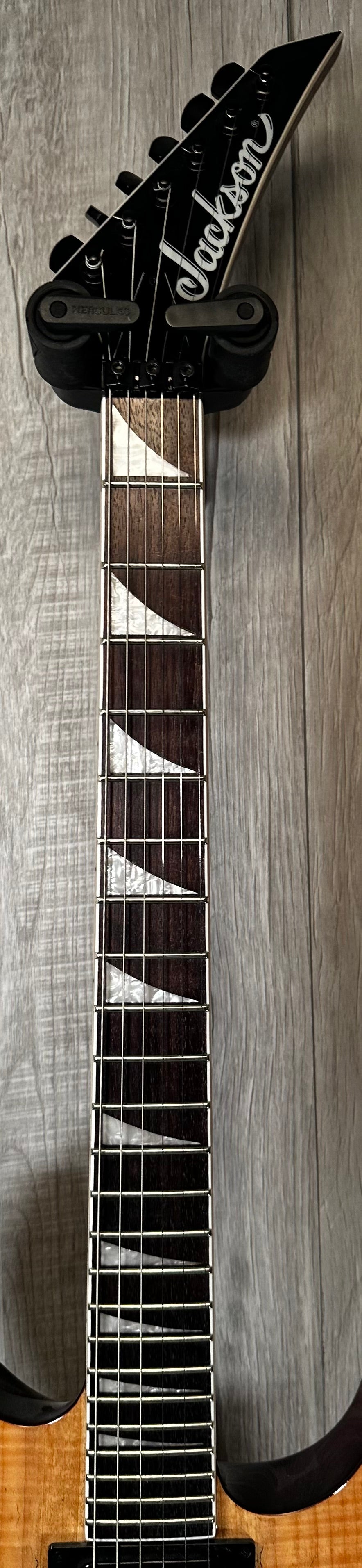 Neck view of Used 2018 Jackson X Series Soloist SLX Exotic Spalted Maple Natural 