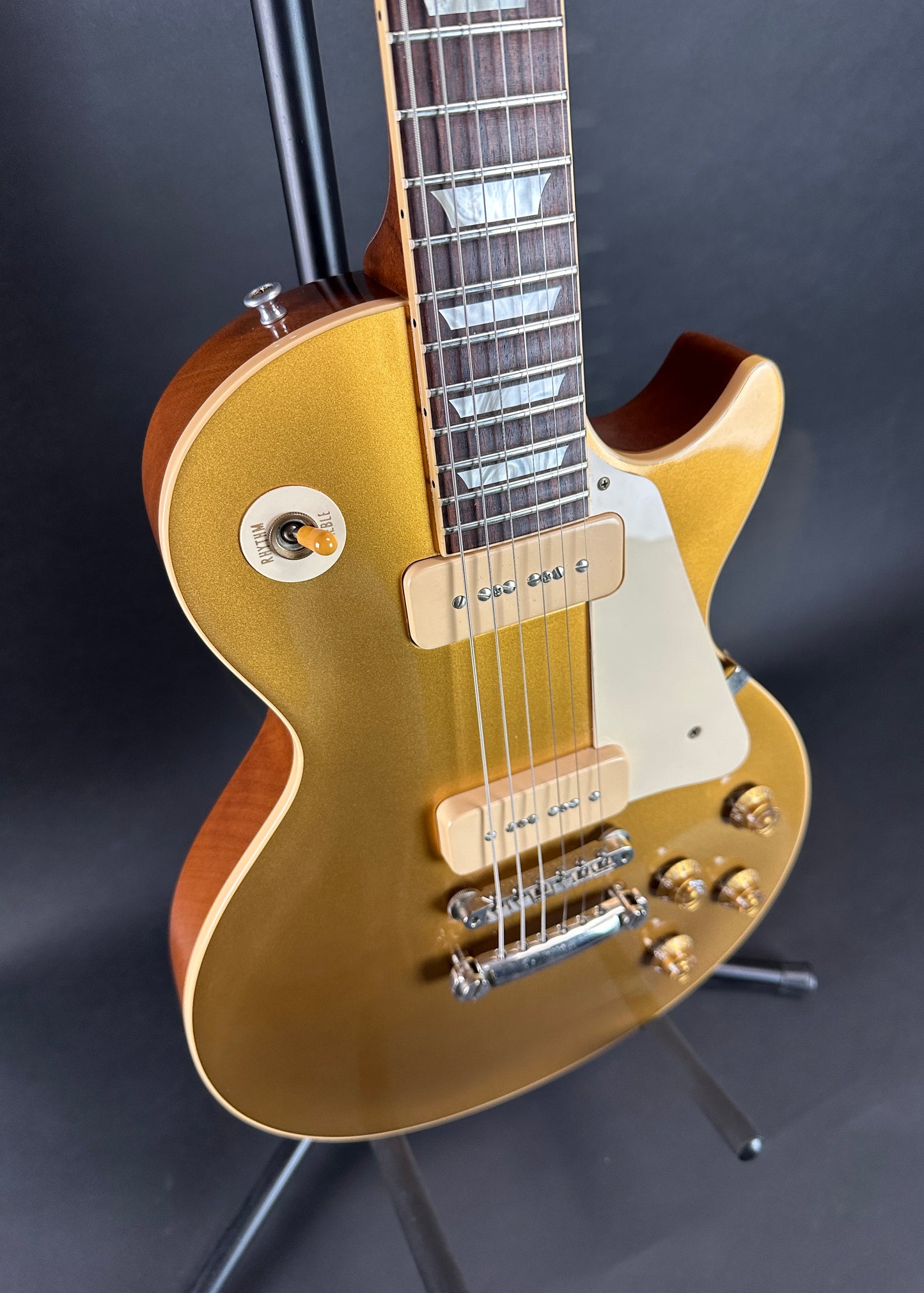 Front angle of Used 2007 Gibson Custom Shop 1956 Reissue Les Paul Gold Top.
