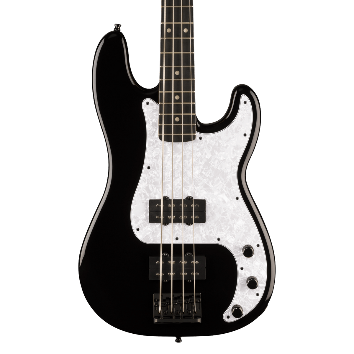 A black Fender Fusion P-Bass electric bass guitar with a white pearlescent pickguard, shown from the front against a solid white background.
