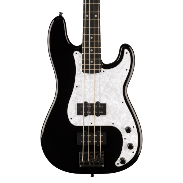 A black Fender Fusion P-Bass electric bass guitar with a white pearlescent pickguard, shown from the front against a solid white background.