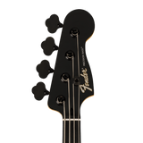 Close-up of A black Fender Fusion P-Bass electric bass guitar headstock with four black tuning pegs and white Fender branding on a white background.