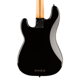 The rear view of a A black Fender Fusion P-Bass electric bass guitar body with a natural wood neck visible at the top, isolated on a white background.