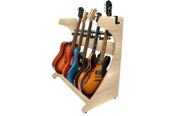 Front right angle of Gator Frameworks Elite 5 Electric/Acoustic Guitar Rack Natural Maple Matte.
