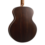The back of A Martin Grand J-16E 12 String acoustic guitar featuring a dark brown wood grain finish and a white binding line, shown against a solid white background.