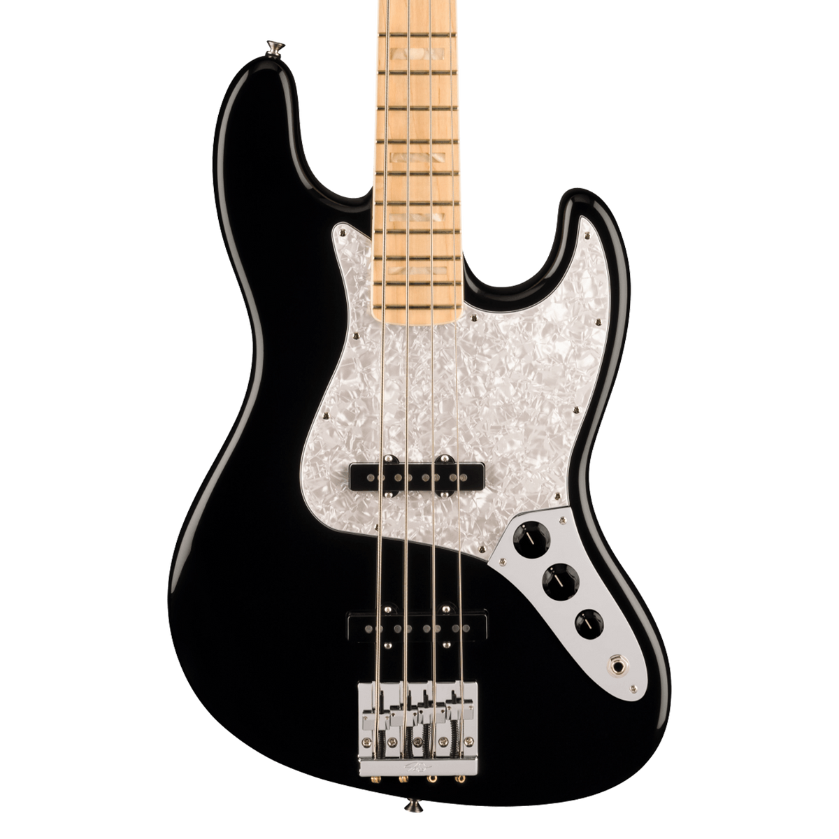A black electric bass guitar with a silver pearlescent pickguard and maple neck, shown against a plain white background.