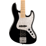 A black electric bass guitar with a silver pearlescent pickguard and maple neck, shown against a plain white background.