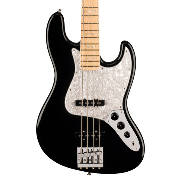 A black electric bass guitar with a silver pearlescent pickguard and maple neck, shown against a plain white background.